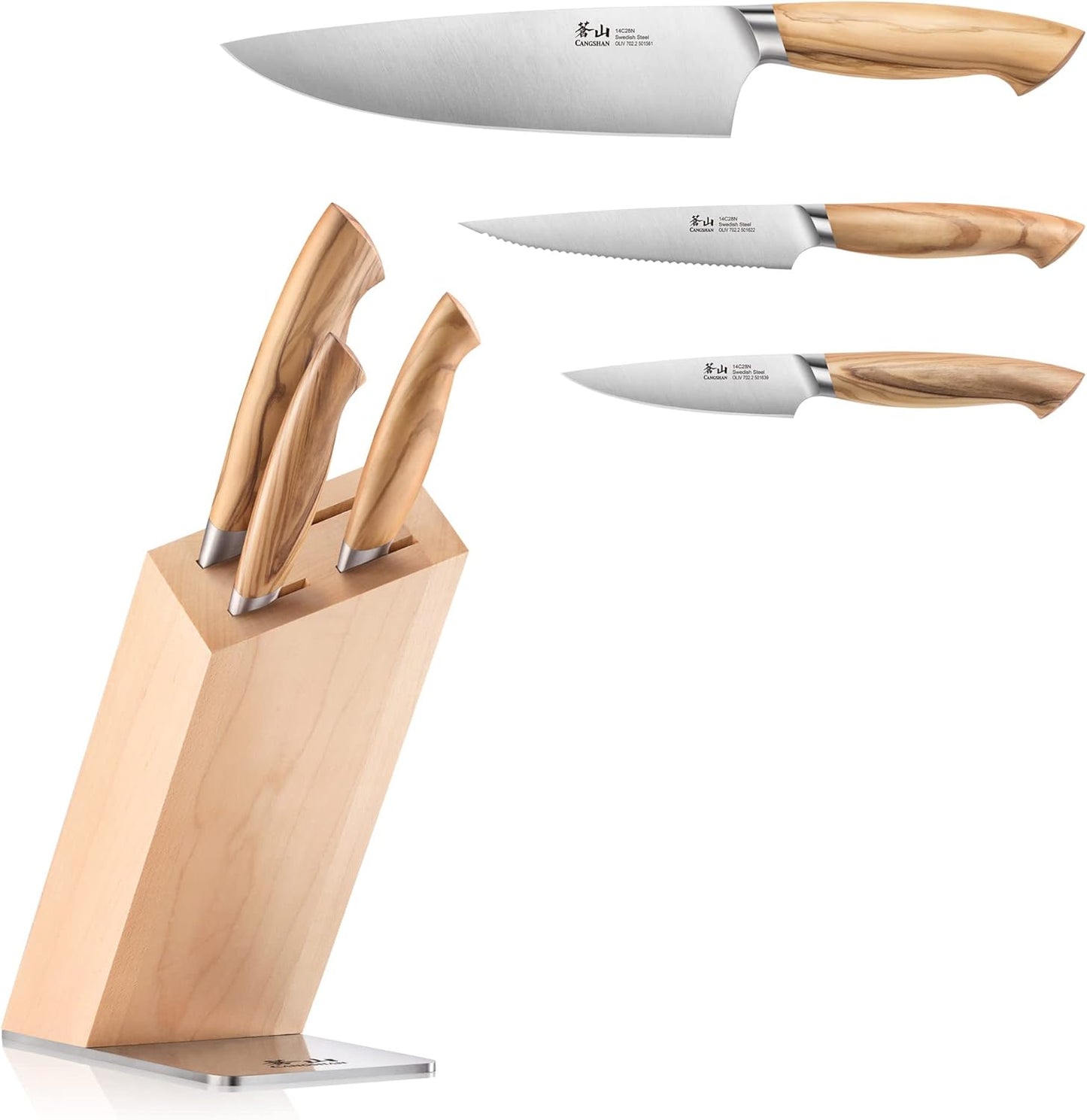Cangshan OLIV Series 4-Piece HUA Knife Block Set, Forged Swedish 14C28N Steel, Maple Block, 501677