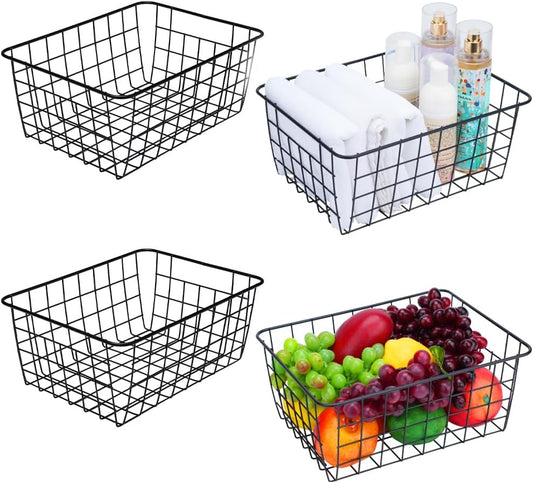 Kitchen Wire Baskets Farmhouse Decor Metal Food Storage Organizer, Household Refrigerator Bin with Built-in Handles for Cabinets,Pantry Set of 4 (Black)