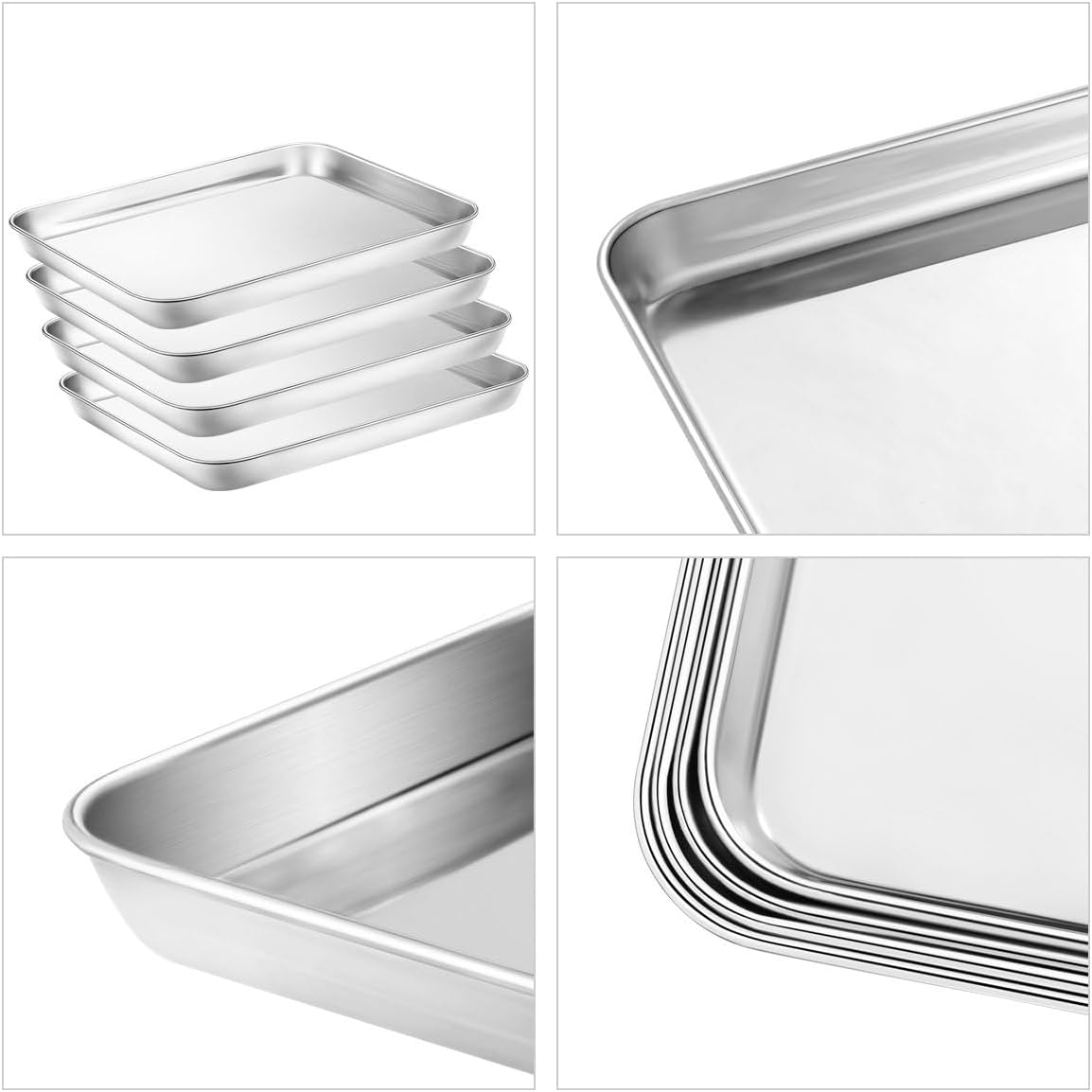 Baking & Cookie Sheets Set of 4, Yododo Stainless Steel Compact Toaster Oven Pan Tray Ovenware Professional, Size 10.23 x 8.26 x 1 inch, Heavy Duty, Deep Edge, Superior Mirror Finish, Dishwasher Safe