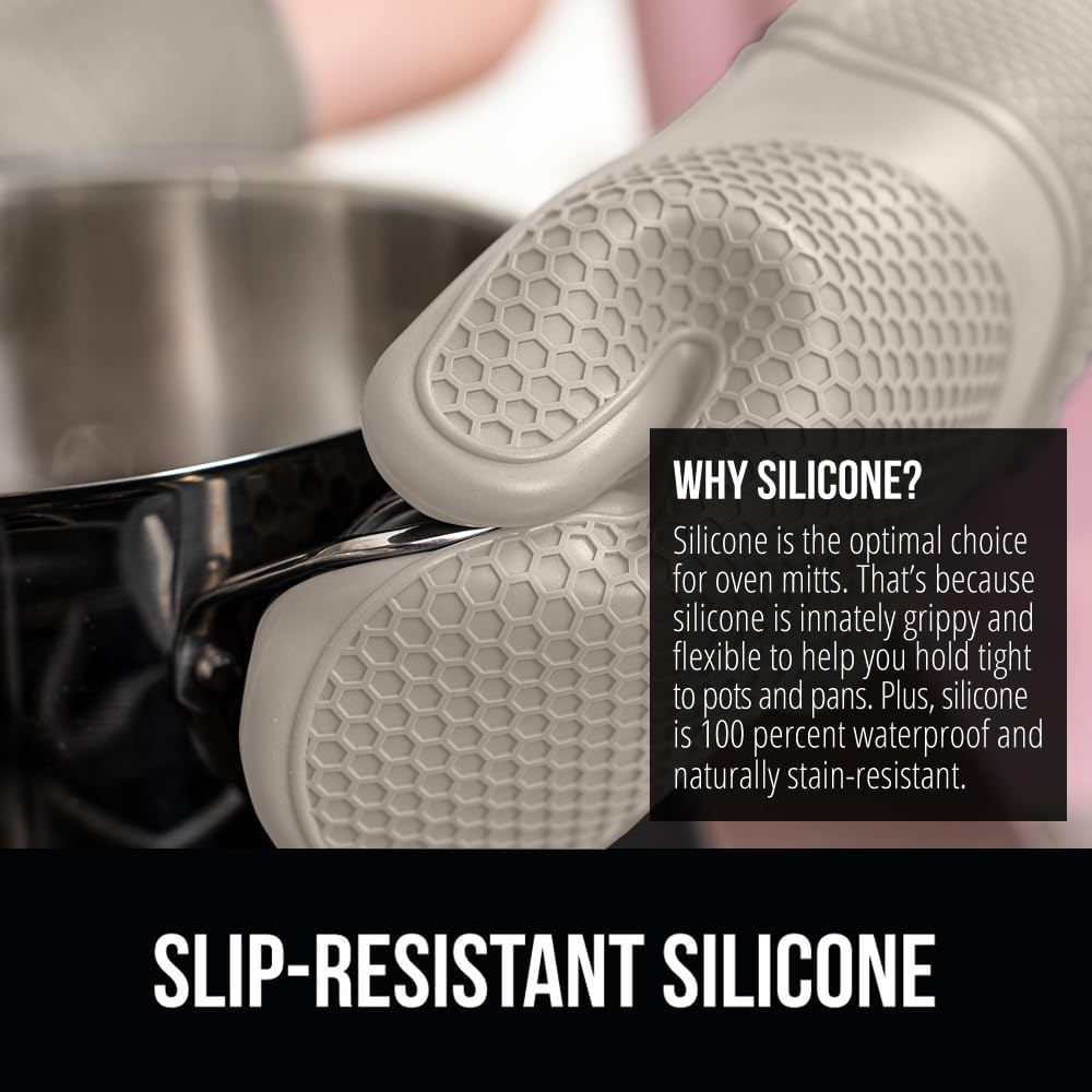 GORILLA GRIP BPA-Free Soft Silicone Oven Mitts, Heat Resistant and Waterproof Cooking Gloves, Thick Cotton Lining, Flexible Gripping for Baking Grilling, Kitchen Potholders Set of 2, 12.5x8.3, Almond