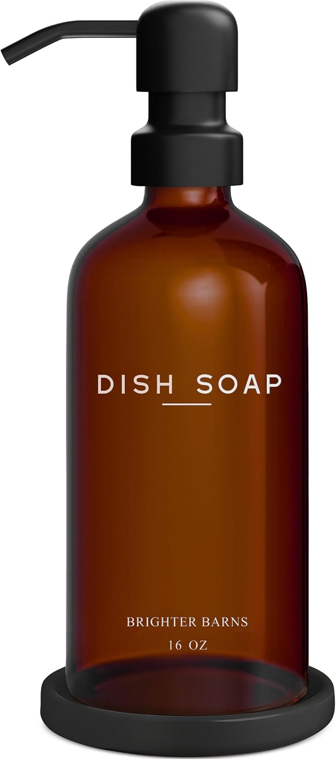 Amber Glass Dish Soap Dispenser for Kitchen Sink by Brighter Barns - Kitchen Soap Dispenser Set with Pump & Tray - Refillable Glass Bottle for Liquid - Modern Home Decor for Airbnb, Restaurant (Amber)