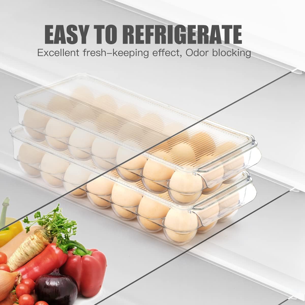 cutesun Egg Holder for Fridge, egg container for refrigerator, 2 Pack Egg Tray for Refrigerator with Lid, Plastic Container for Organizer Bins Holds 42 Eggs (2Packs, 42)