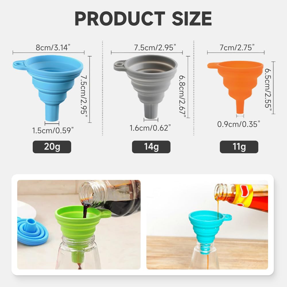 Kitchen Funnel Set, 2025 Upgrade Silicone Collapsible Funnel Silicone Collapsible Food Funnels for Kitchen 3 Sizes Funnels for Home Use Filling Bottles Daily Cooking (Blue, 1Set 11+14+20g)