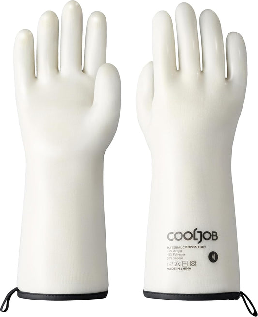 COOLJOB Heat Resistant Oven Gloves, Waterproof Liquid Silicone BBQ Grilling Gloves for Barbecue, Kitchen Cleaning, Baking, Food Contact, White, Medium