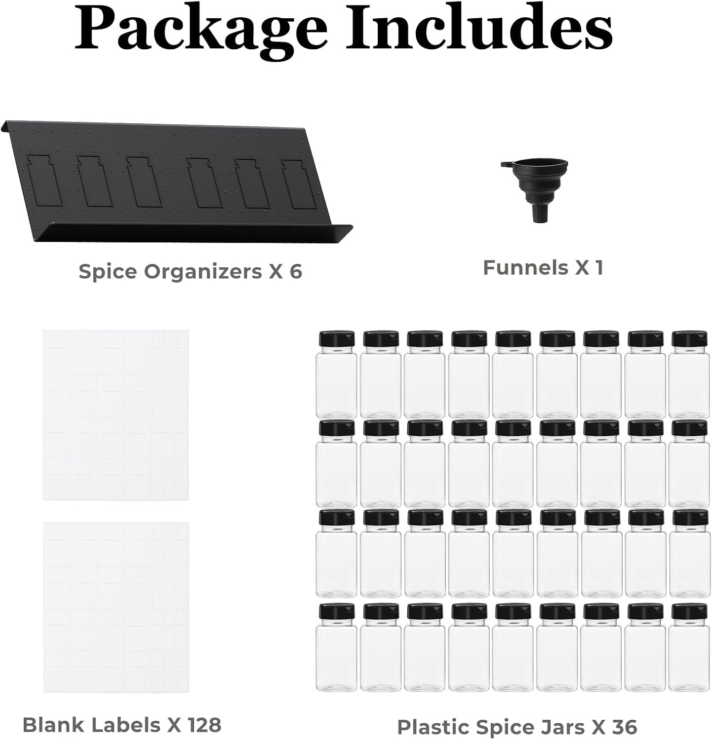 Famhap 6 Pack Spice Drawer Organizer with Labels and 36 Plastic Jars, Expandable from 11.7" to 23.2" Seasoning Rack Tray Insert for Kitchen Drawers, Spice Rack Drawer for Spice Jars
