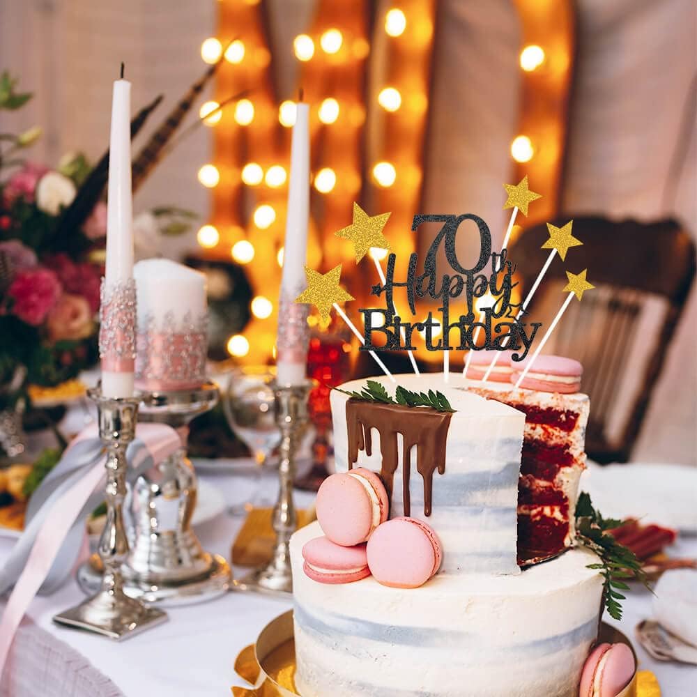 Glittery 70th Happy Birthday Cake Topper with Star,Personalised 70 Birthday Cake Toppers Party Decorations Party Supplies for Men Women Black Gold