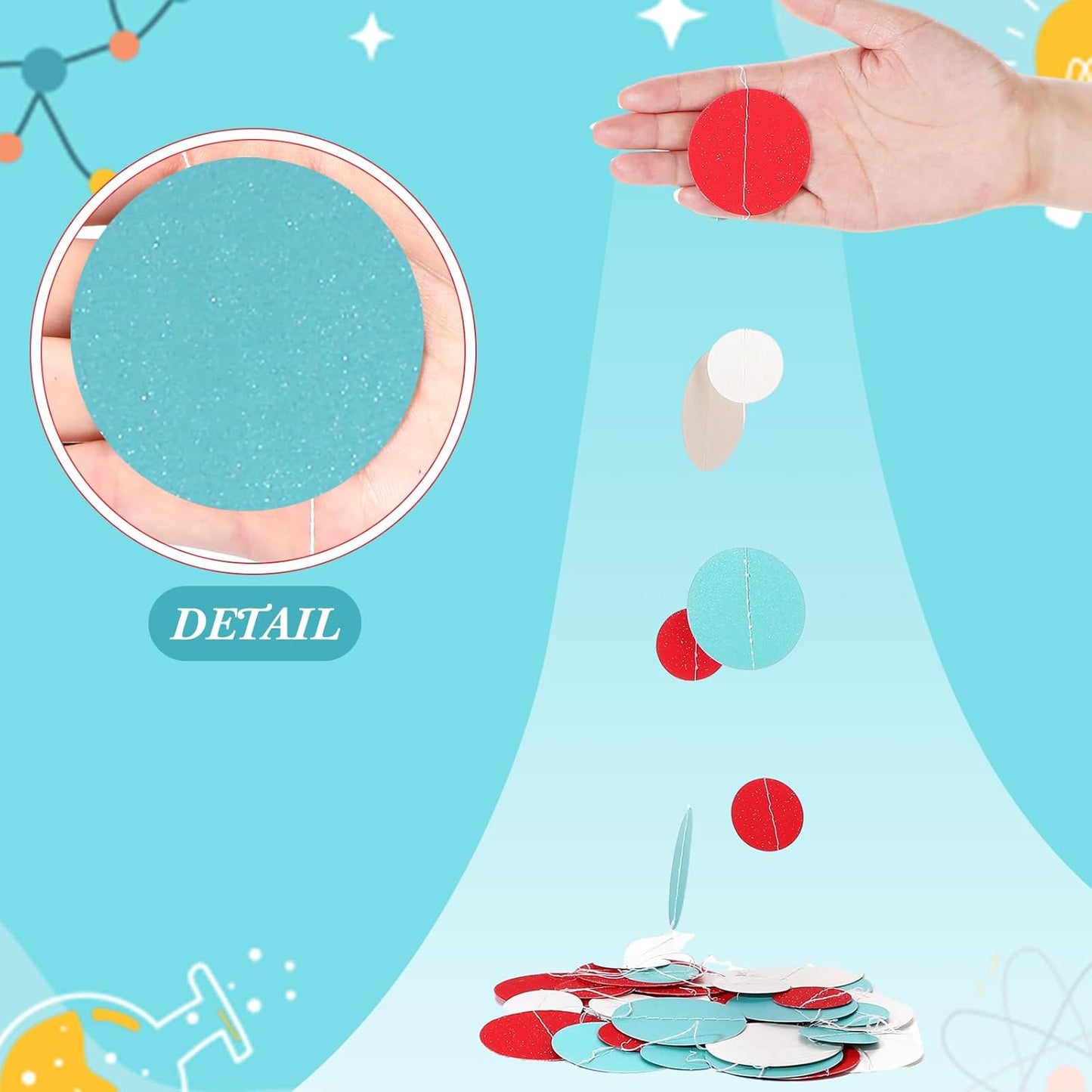 Outus 10 Pieces Colorful Dots Paper Garland Round Glitter Garland Hanging Confetti Streamers Backdrop Decoration for Birthday Classroom Candy Sprinkles Trunk or Treat Party (Light Blue,White,Red)