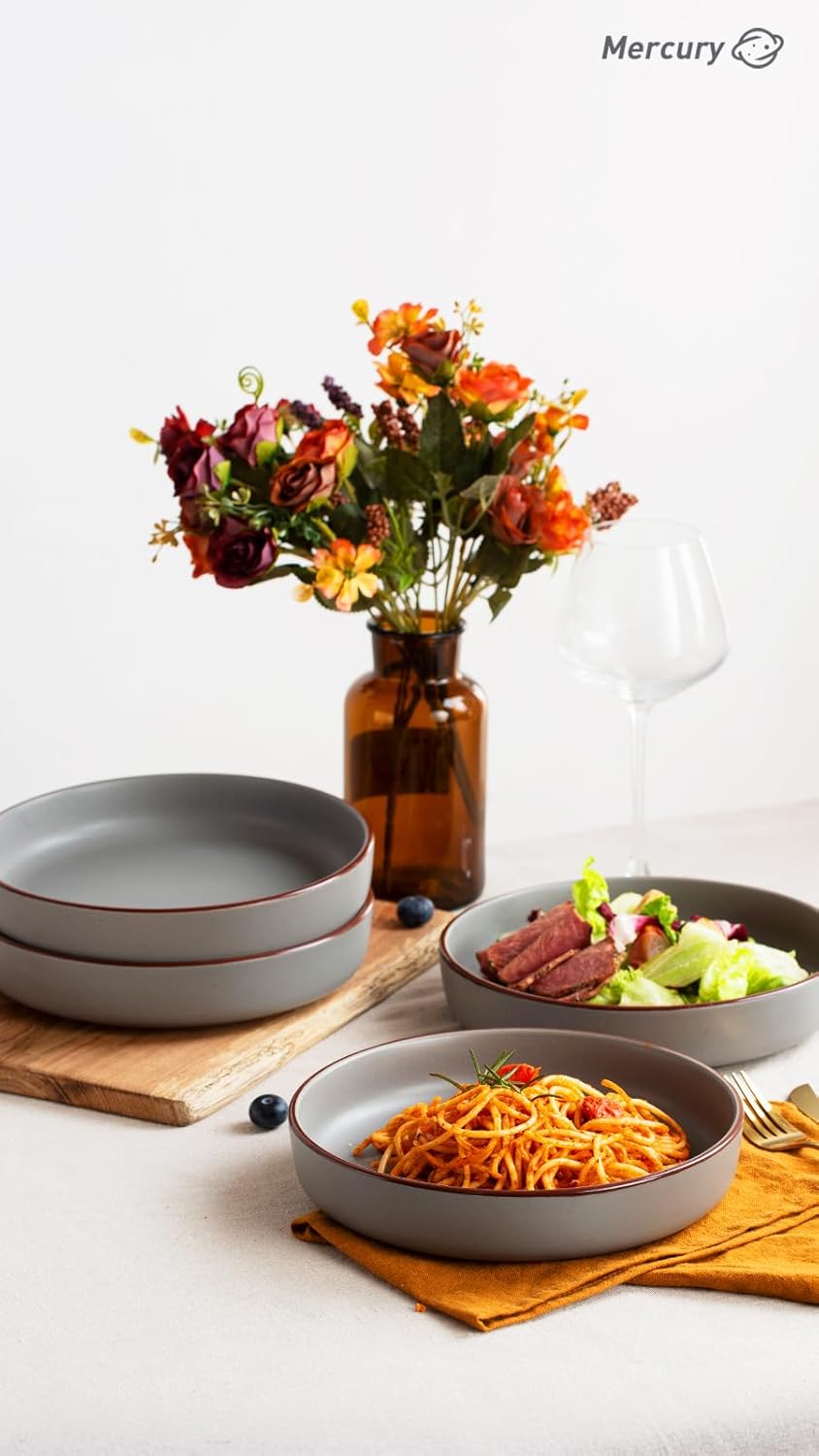 famiware Mercury Pasta Bowls Set of 4, 33 oz Large Salad Bowls, Ceramic Pasta Plates Bowls, Serving Bowls for Kitchen, Microwave & Dishwasher Safe, Dark Gray