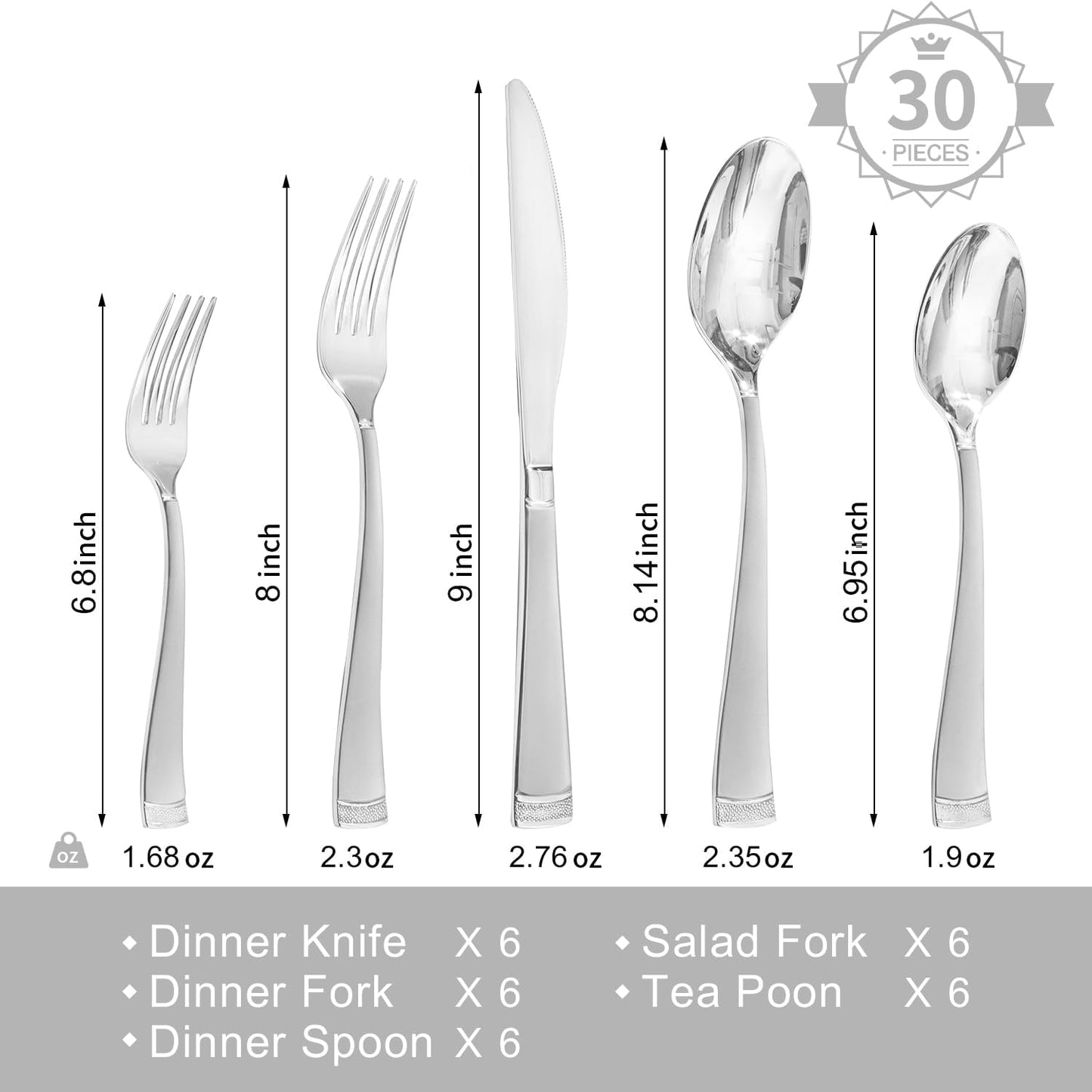 KINGSTONE Silverware Set, 30-Piece Flatware Set for 6, 18/10 Stainless Steel Cutlery Set with Bead Edge, Utensil for Kitchen, Home, Party, Wedding, Mirror Polished, Dishwasher Safe