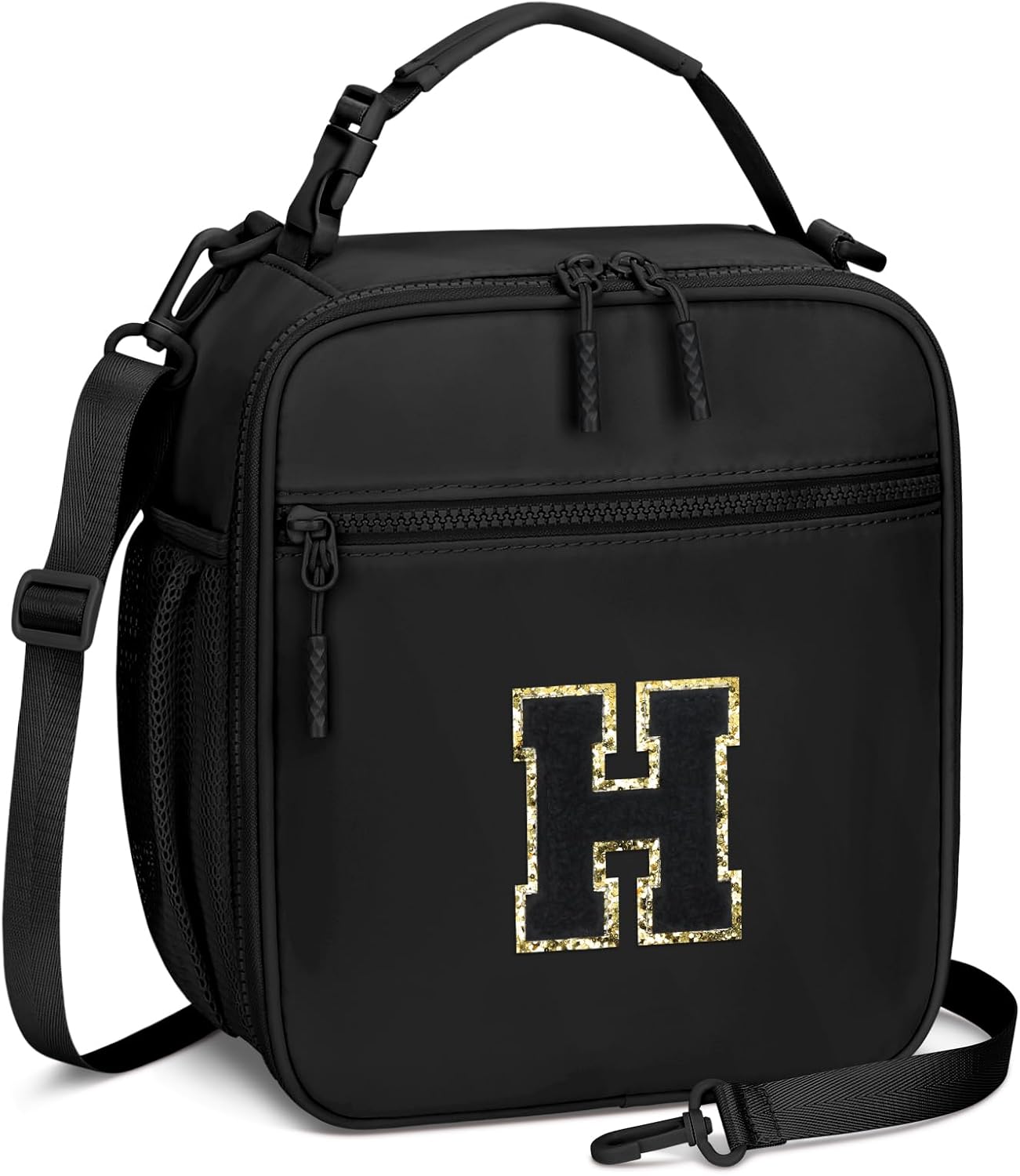 Initial Insulated Lunch Bag for Boys Kids, Back to School Gift, Reusable Leak-proof Lunch Box with Adjustable Strap for School Daycare Travel Picnic（Black，H）