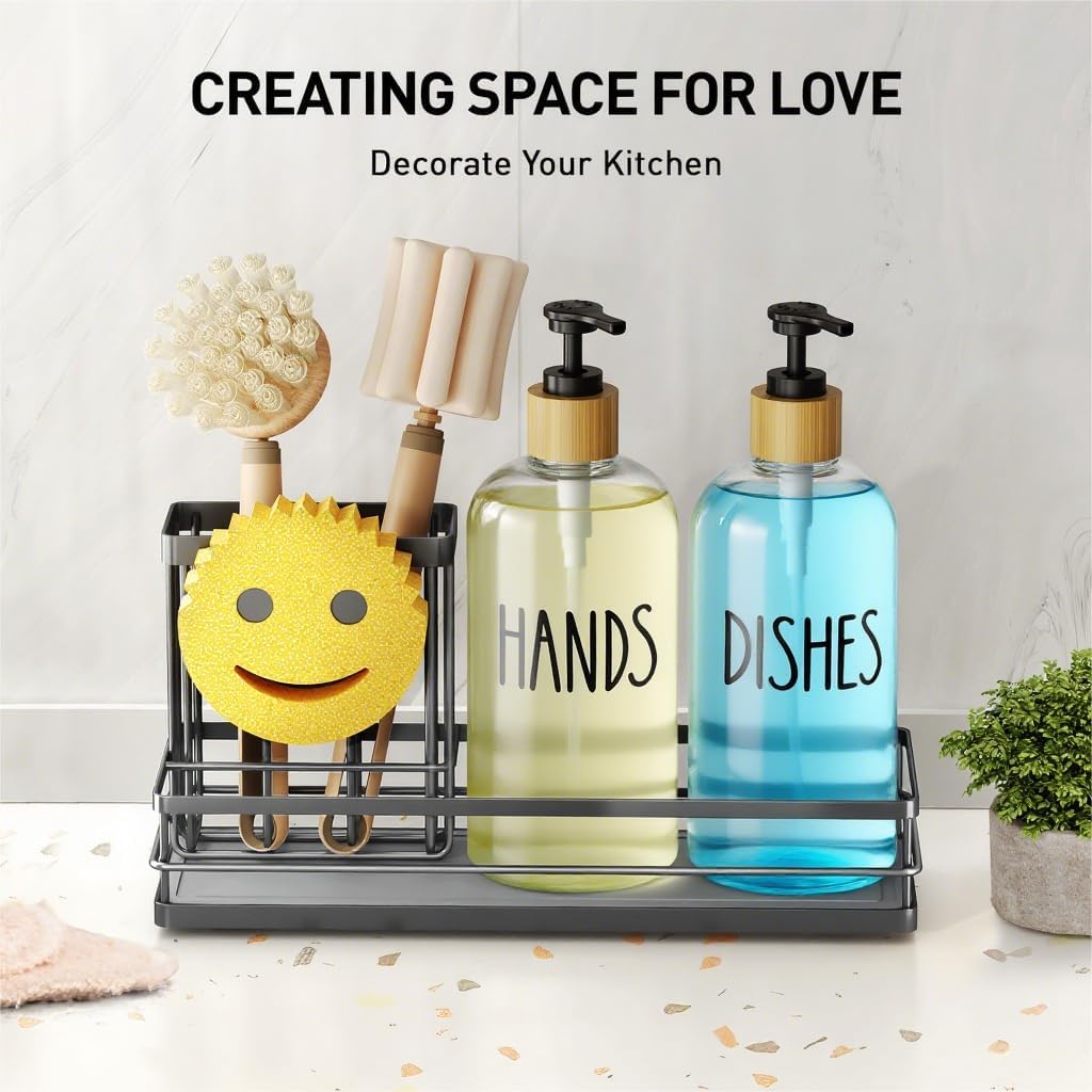 Moforoco Kitchen Dish Soap Dispenser Set, 16OZ Glass Bottle, Hand and Dish Soap Dispenser Set, Instant Dry Tray, Non-Slip Silicone Pad, Brush Holder with Sponge Holder, Kitchen Decor（Clear Bottle）