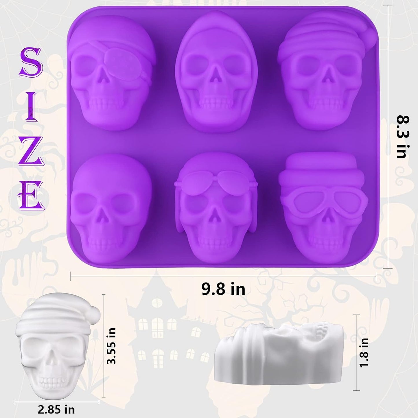 Sakolla Large Skull Cake Pan Silicone Mold, 2 Pack 6 Cavity Halloween Skull Cakelet Chocolate Molds Candy Pizza Baking Molds Handmade Soap Tray