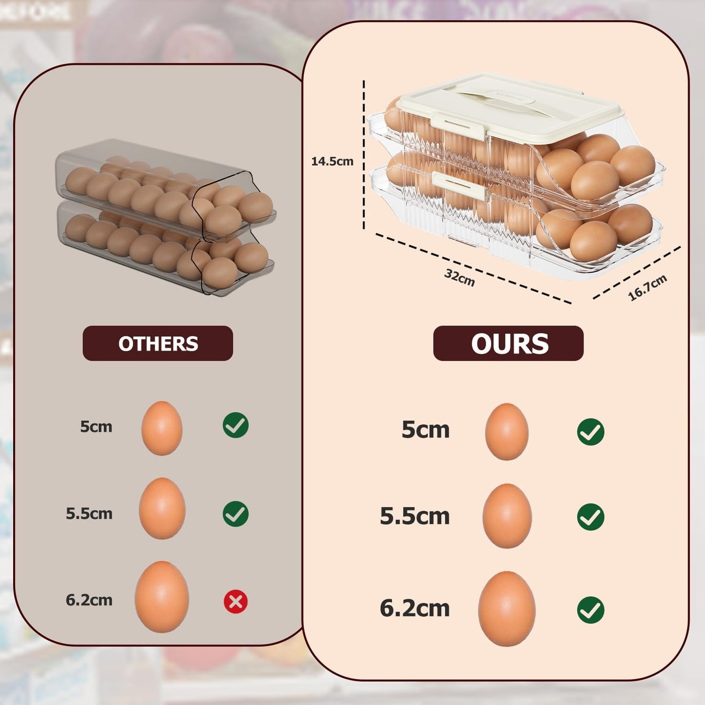 Automatic Rolling Egg Holder for Fridge, Clear Plastic Egg Organizer with Handle for Refrigerator, Egg Container for Kitchen Storage, 2 Row 2 layers