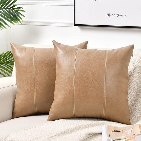 Fancy Homi Tan Decorative Throw Pillow Covers 16x16 Inch for Living Room Couch Bed, Modern Farmhouse Boho Home Decor, Faux Leather Hand Stitched Beige Accent Square Cushion Case 40x40 cm
