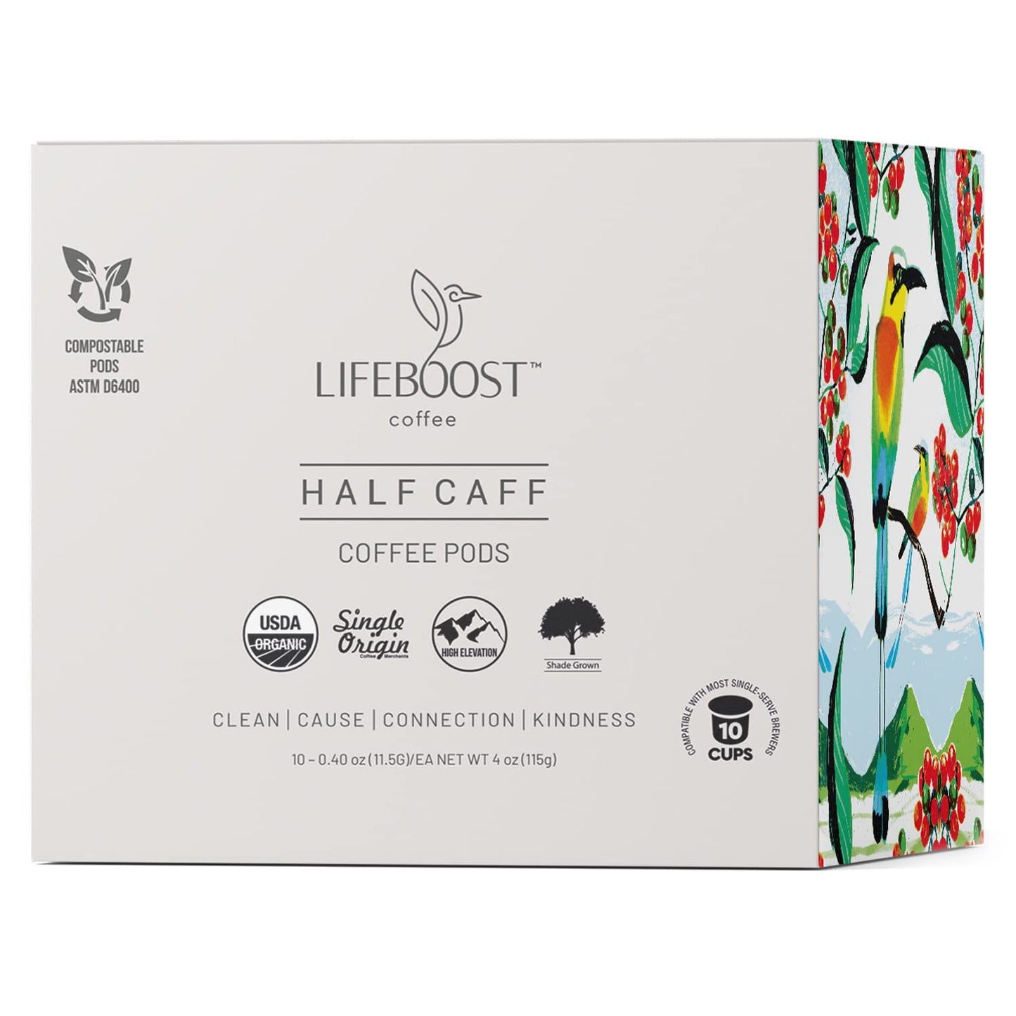 Lifeboost Half Caff Coffee K Cups - Low Acid Half Caff Coffee Pods - Single Origin Non-GMO Mold Free Pods Compatible with Keurig & Keurig 2 - No Mycotoxins or Pesticides - 10 Count