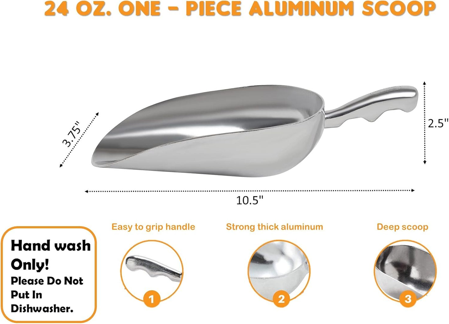 Cast Aluminum Utility Scoop - 24 oz. - Round Bottom, ice scoop For Multi-Purpose Use, With Finger Groove Handle (24 oz.)