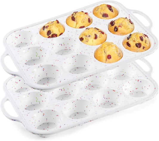 Silicone Muffin Pan with Metal Frame, Metal Reinforced Frame Regular Size Cupcake Pan with Handle 12 Cups Nonstick Muffin Pan for Baking BPA Free 2 Pack