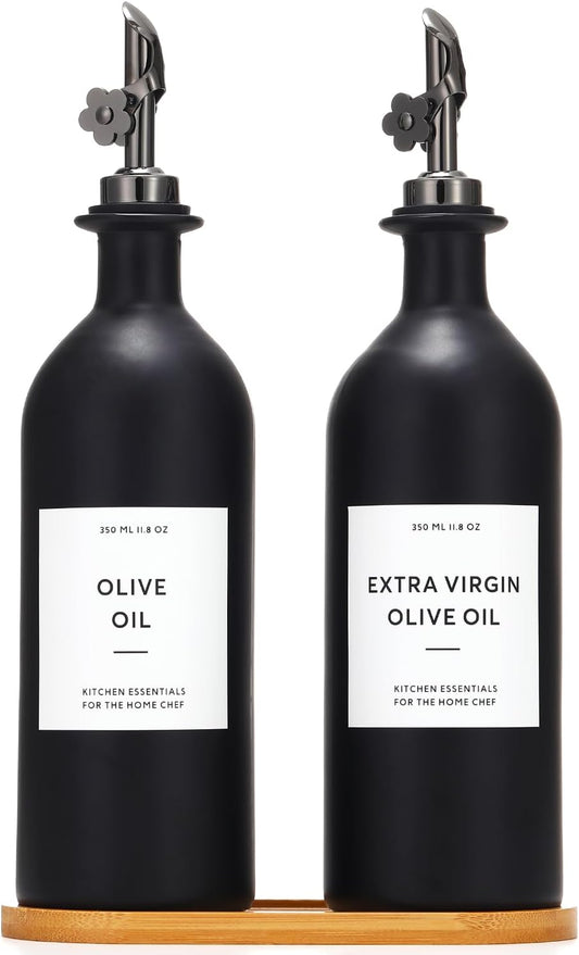 HOMCDALY Olive Oil Dispenser for Kitchen, 16oz Glass Oil Bottles with Bamboo Tray, Black Oil&Vinegar Cruet Set, Kitchen Dispenser Bottles with Pourer | Set of 2 (16oz – Black)