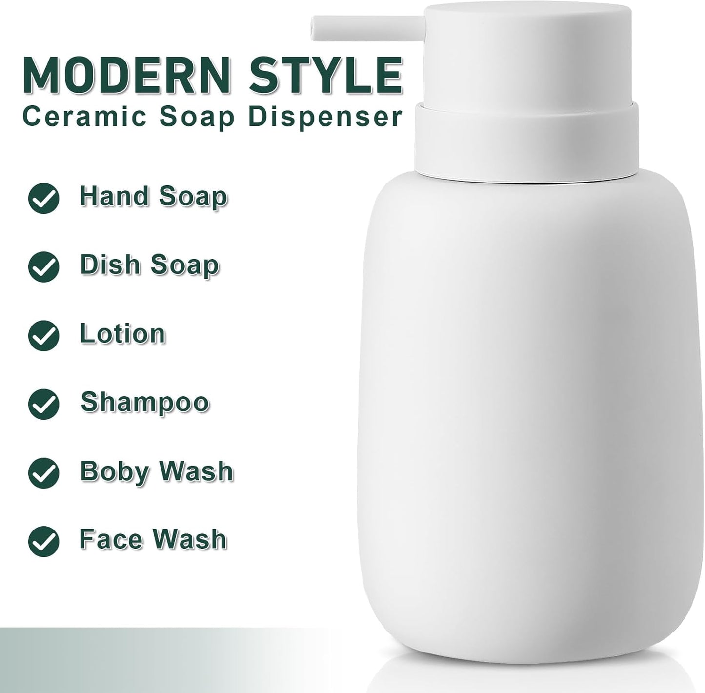 Ceramic Hand Soap Dispenser for Bathroom,16OZ Matte Dish Soap Dispenser for Kitchen Sink,Refillable Liquid Lotion Dispenser with Easy-to-Press Pump Rubber Paint (White)