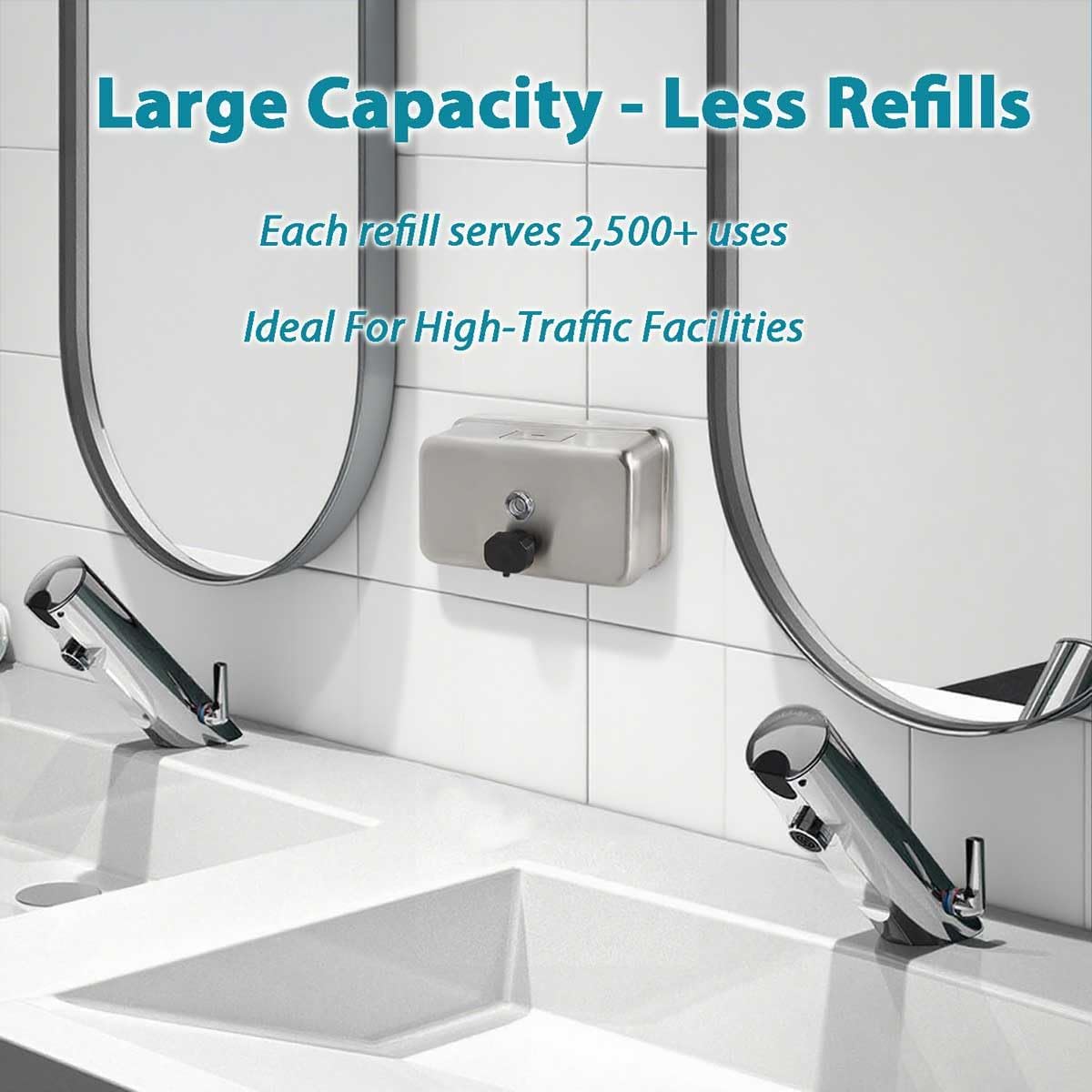 Commercial Soap Dispenser Wall Mount – Antirust Stainless Steel Soap Dispenser Liquid 38.8oz Large Capacity (Horizontal), Anti-Leak SUS304 Brushed Metal for Bathroom & High-Traffic Areas