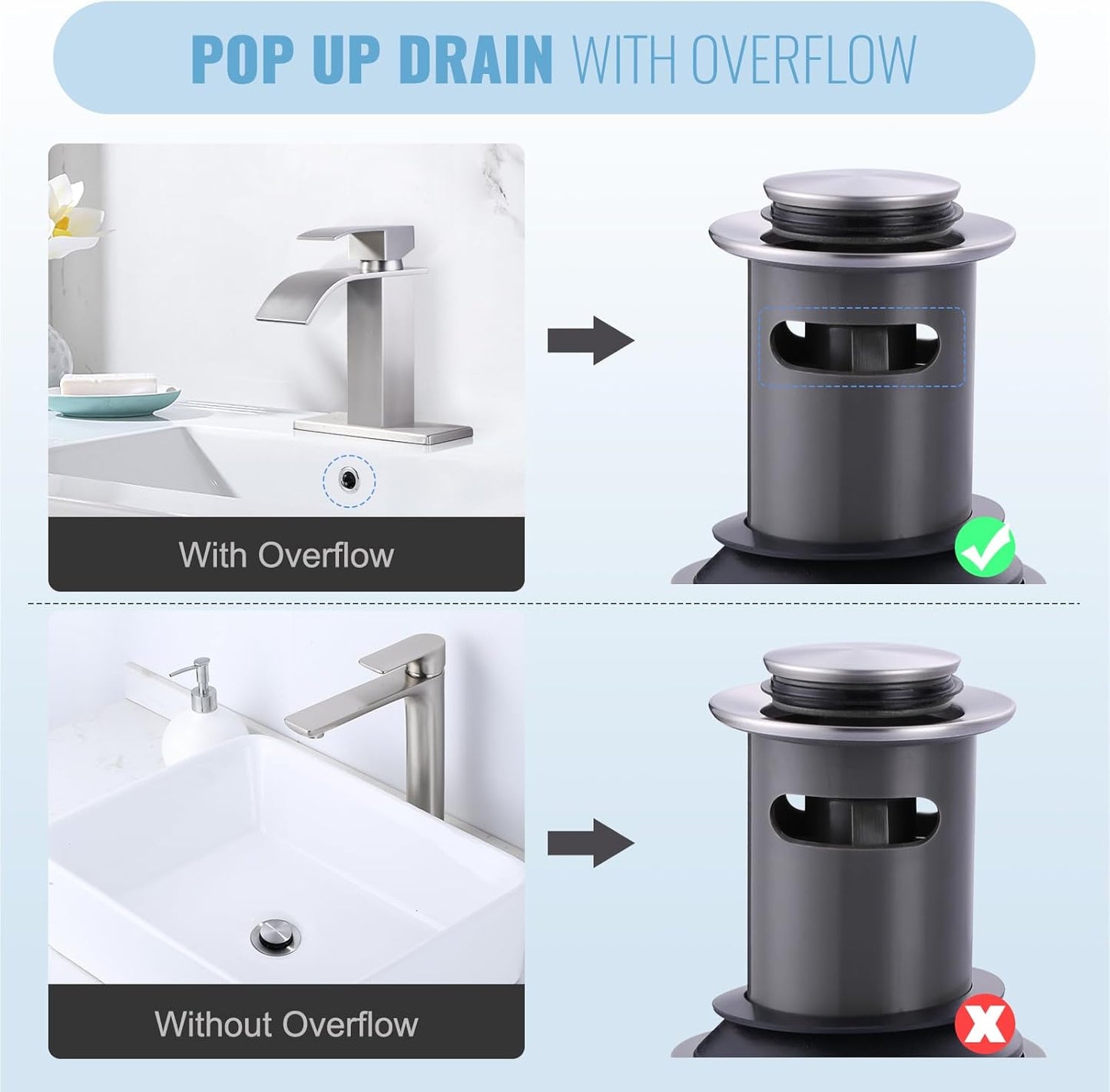 ALEASHA Bathroom Sink Drain with Overflow Vessel Sink Stopper,Pop Up Drain for Bathroom Sink Pop Up Drain Stopper for Hair Catcher,Brushed Nickel