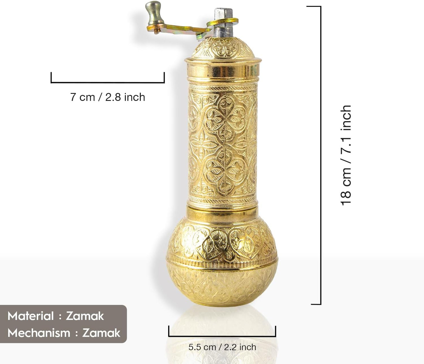 Decorative Handmade Coffee Grinder, Refillable Turkish Spice Mill, Manual Coffee Mill with Handle, Coffee Grinder Metal with Hand Crank 18 cm-7.1 inch