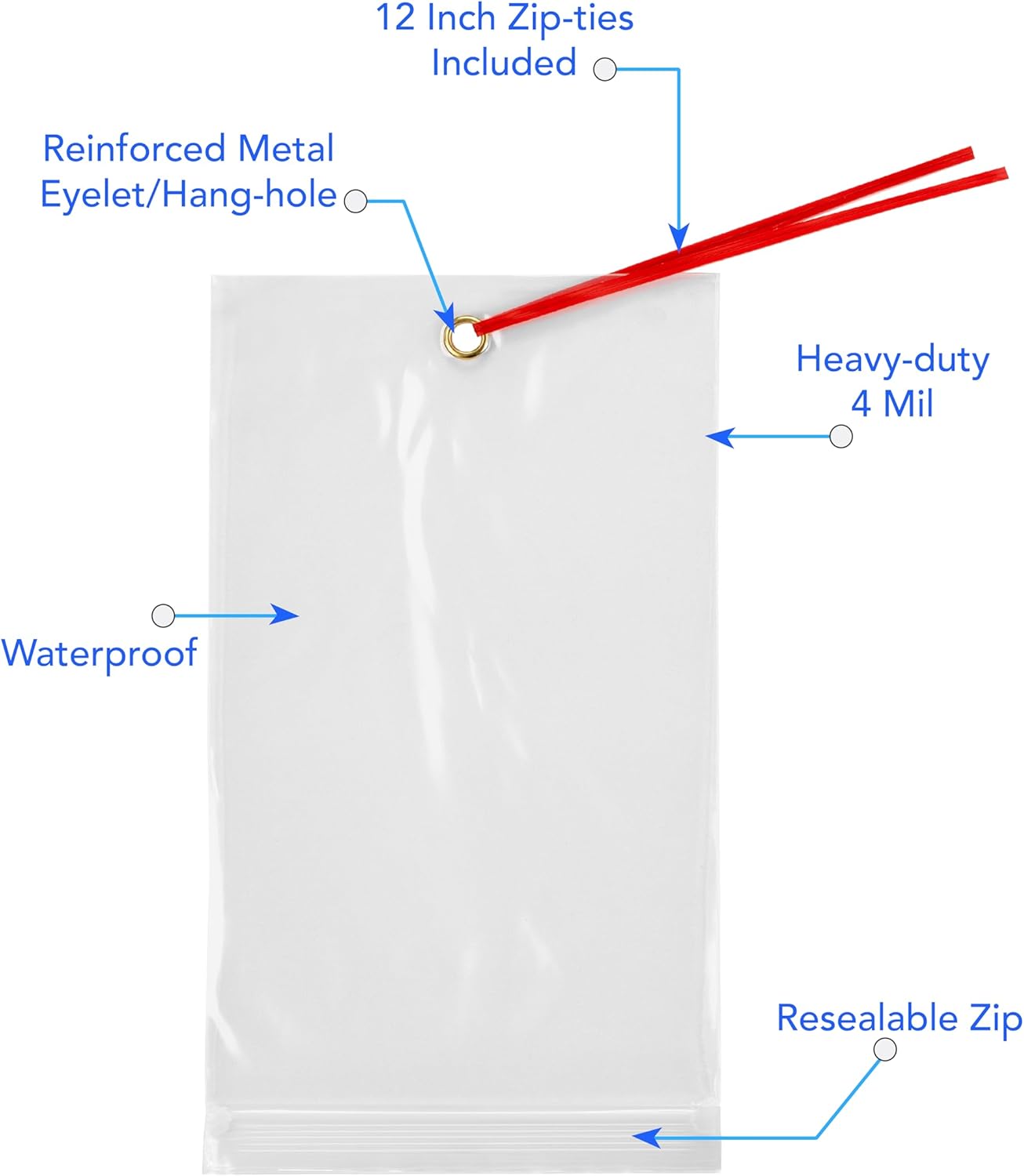 GPI - 5.75" x 11" Recloasbale Zip Bags with Bottom Hang-hole & Pre-inserted 12" Twist-tie. 4 Mil Heavy-duty Resealable Zipper Baggy with Grommet/Metal Eyelet for Hanging (Insert Size 5x9.5) 500 Pack