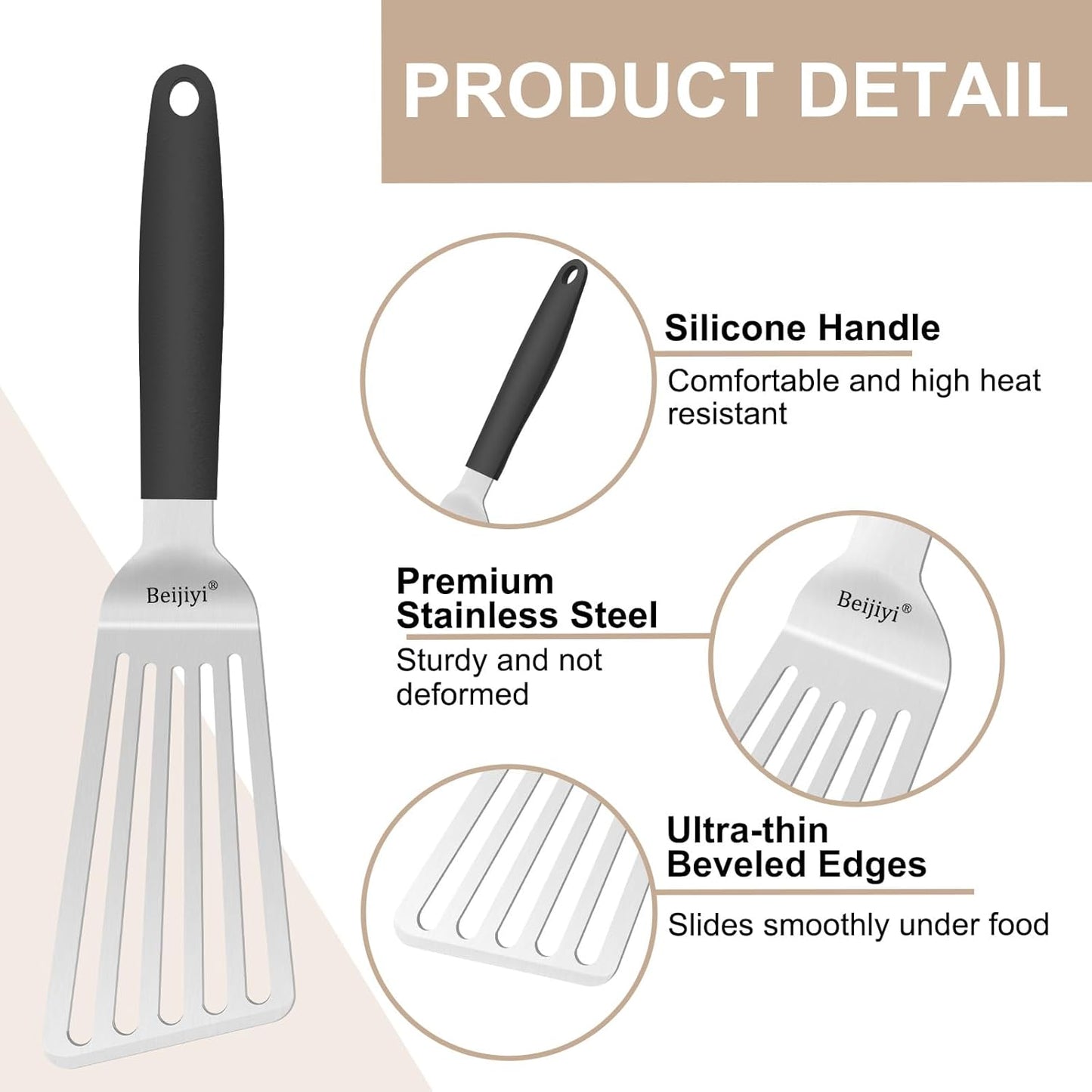 Beijiyi 13.3" Fish Spatula Stainless Steel, Fish Turner with Silicone Handle and Beveled Edge, Thickened Metal Kitchen Slotted Spatula for Cast Iron Skillet Cooking, Flipping and Grilling