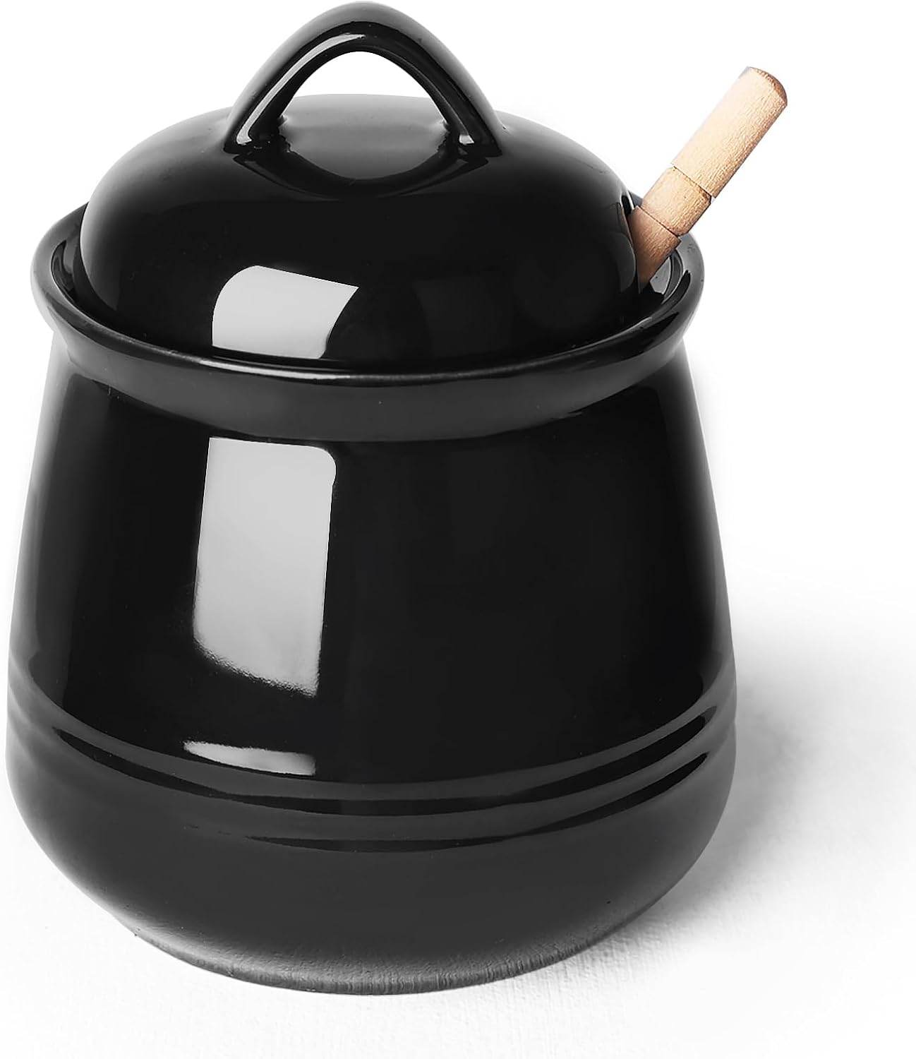 HAOTOP Ceramic Honey pot with Lid and Honey Dipper,Porcelain Honey Jar Easy to Clean and Dishwasher Safe,12oz (Black)