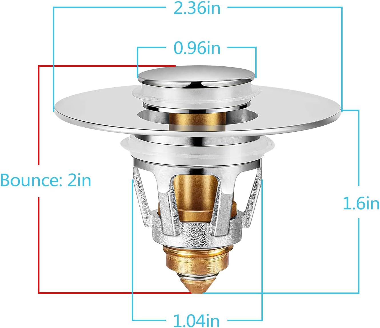 Universal Sink Stopper with Hair Catcher, Faster Drainage, Bathroom Sink Drain Strainer in Brass, Pop Up Drain Cover, Basin Plug for 1.04~1.97 Inch Drain Hole