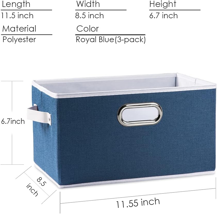 PRANDOM Fodable Storage Bins for Closet [3-Pack] Decorative Fabric Storage Baskets Cubes with Leather/Metal Handles for Shelves Bedroom Living Room Royal Blue (11.5x8.5x6.7 Inch)
