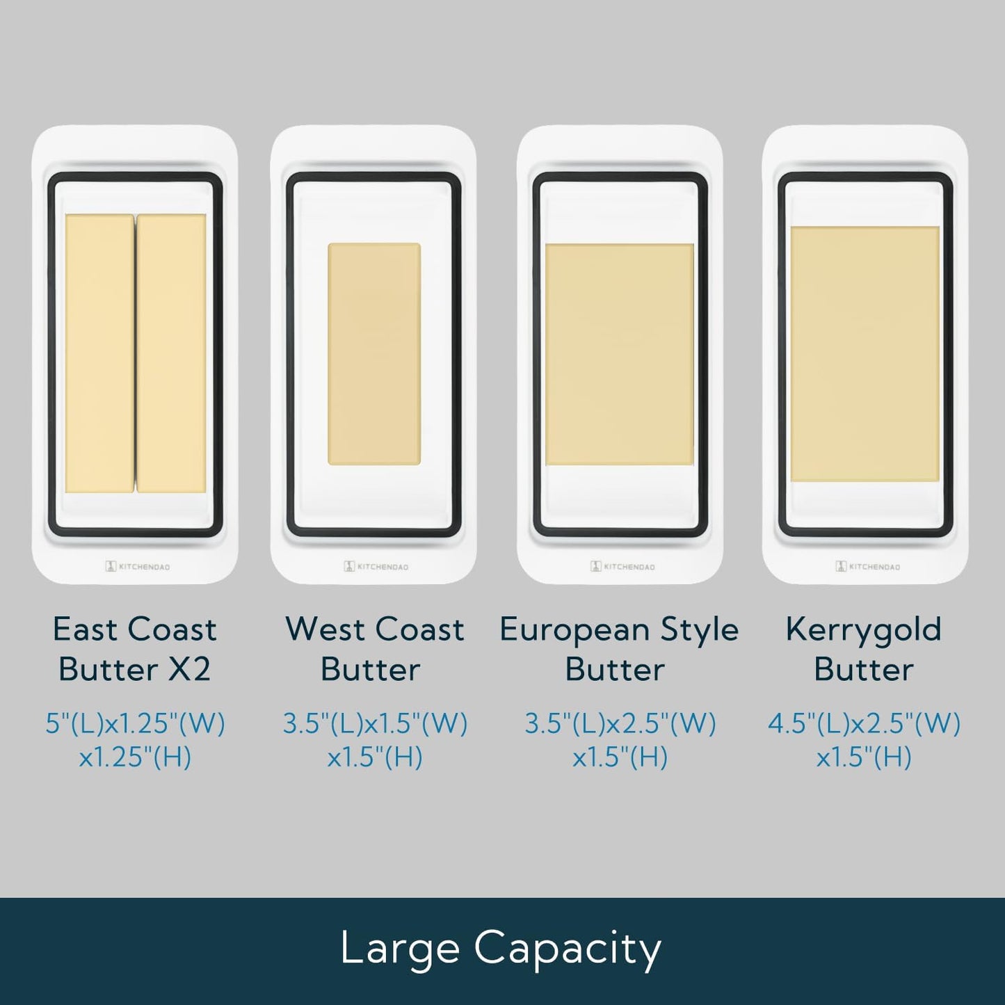 KITCHENDAO Large Airtight Butter Dish with Lid for Countertop and Fridge, Butter Keeper, Plastic Butter Holder Tray for 2 Sticks East Coast/West Coast/European Style/ Kerrygold Butter/ Cream Cheese