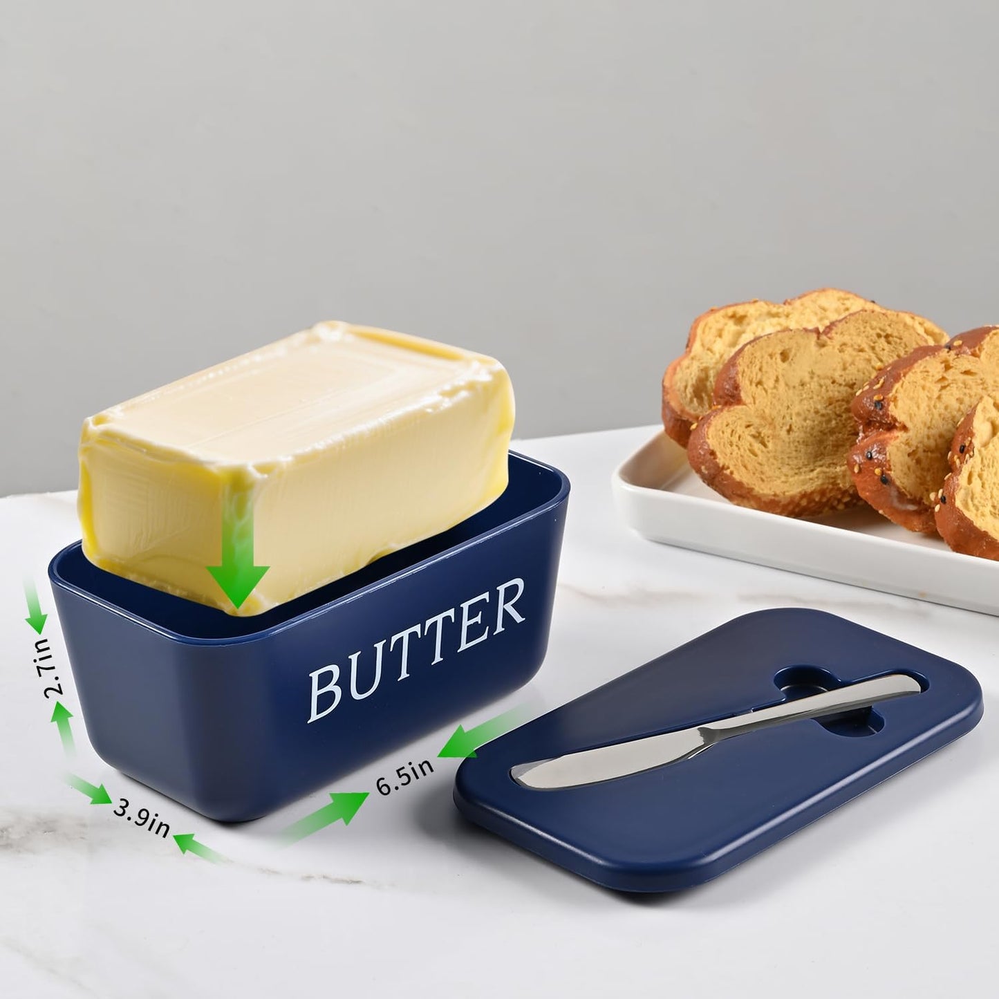 Butter Dish With Lid And Knife,BPA Free Food Grade Plastic Butter Keeper Containers With Cover For Home Coutertop And Refrigerater,Blue Butter Holder