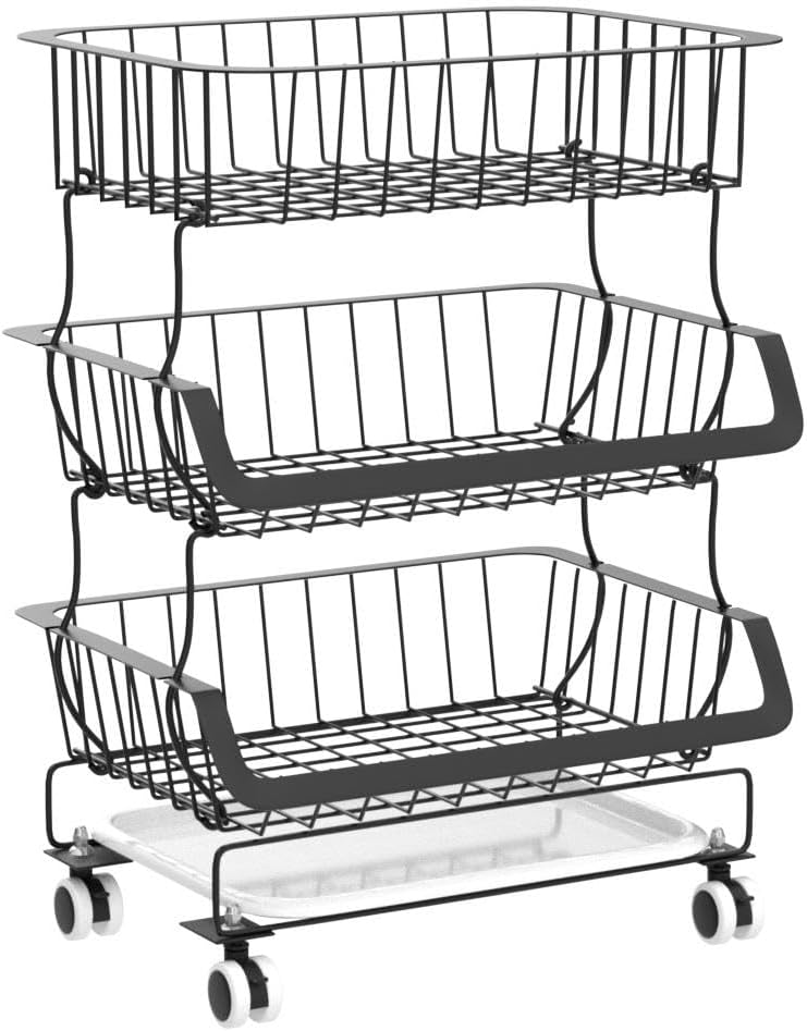 Fruit Basket, 1Easylife 3 Tier Stackable Metal Wire Basket Cart with Rolling Wheels, Utility Rack for Kitchen, Pantry, Garage, With 2 Free Baskets