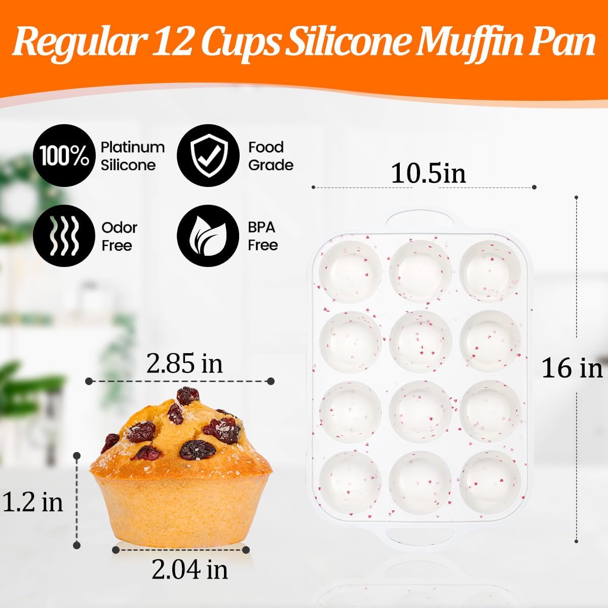Silicone Muffin Pan, Metal Reinforced Frame Silicone Cupcake Pan Easy to Handle 12 Cups for Valentine's Day Baking Nonstick Regular Size Muffin Tin 1 Pack Love Heart