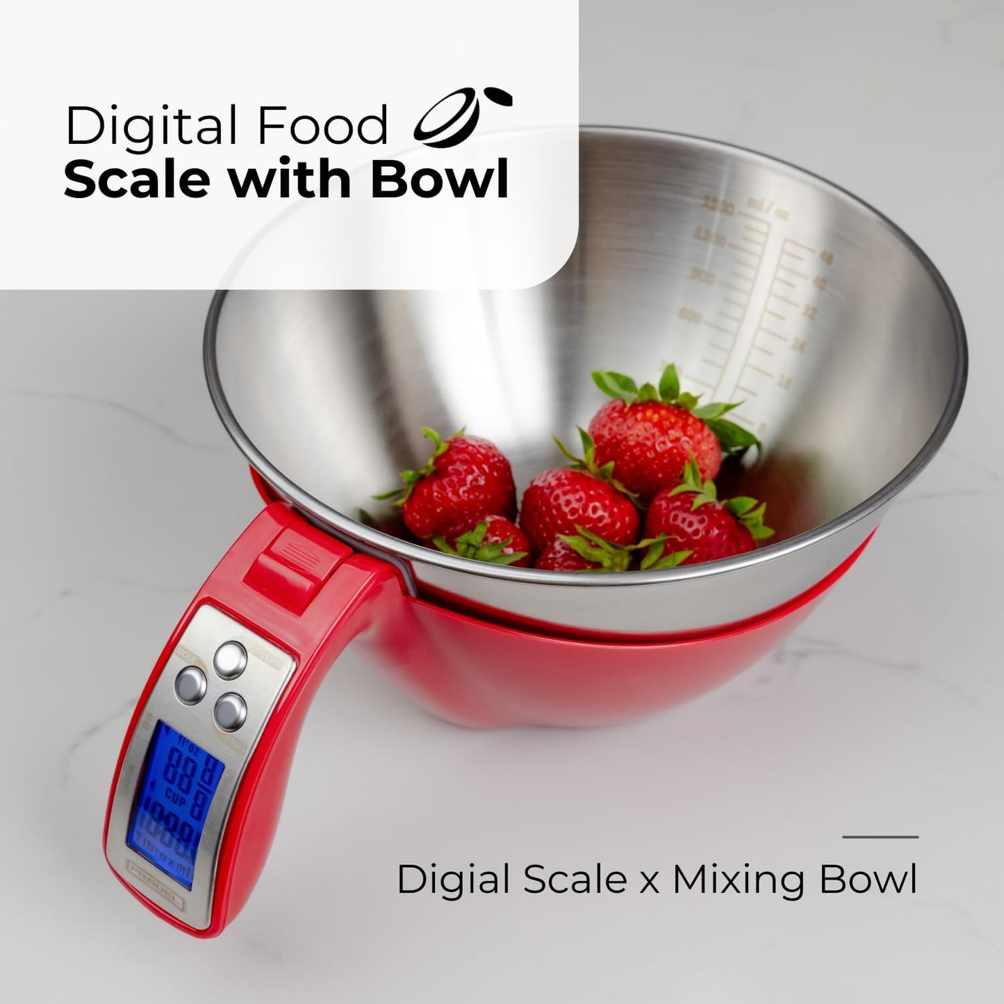 Fradel Digital Kitchen Food Scale with Bowl - 11lb, Grams & Ounces - Removable, Dishwasher-Safe Mixing Bowl - Red