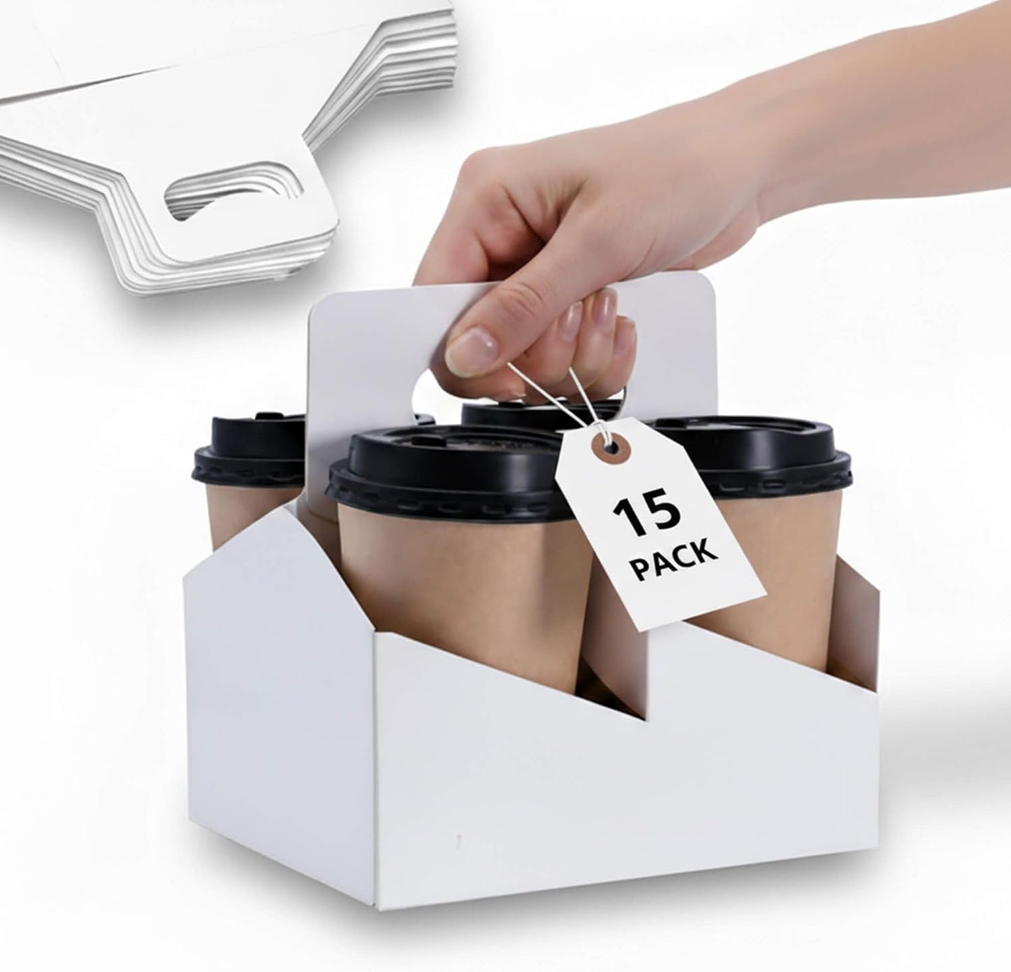 Kraft Paperboard 4-Cup Drink Carrier with Handle, 12-30 oz Coffee Cup Holder, Takeout Beverage Delivery, 15-Pack(Without Cups)