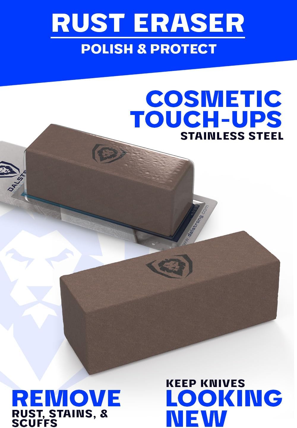 Dalstrong Premium Rust Remover & Eraser - Knife Maintenance and Care - For Knives, Scissors, Stainless Steel Pots and Pans, Whetstones - Sharp Polish for Tools - Calcium Carbonate