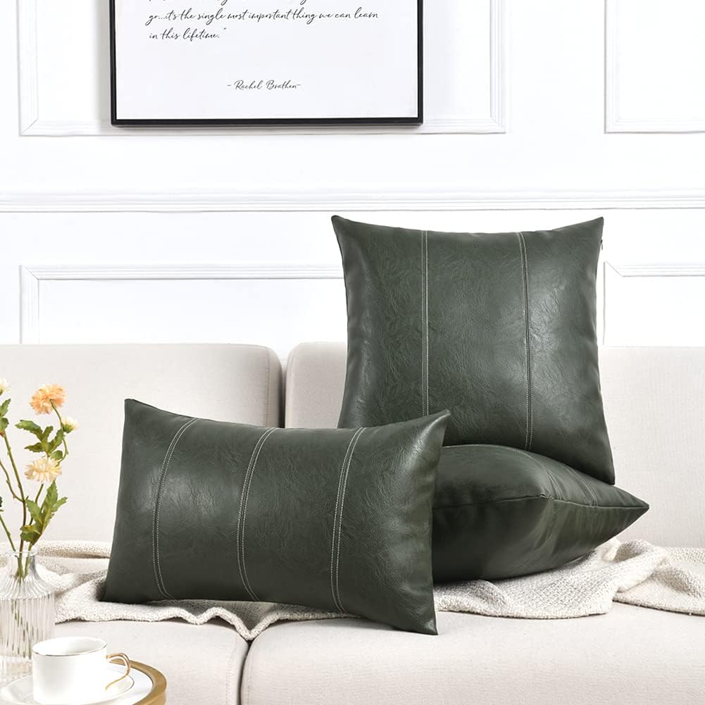 Fancy Homi Dark Green Long Lumbar Faux Leather Decorative Throw Pillow Covers 12x24 Inch for Living Room Couch Bed, Modern Farmhouse Boho Home Decor, Olive Green Hand Stitched Cushion Case 30x60 cm