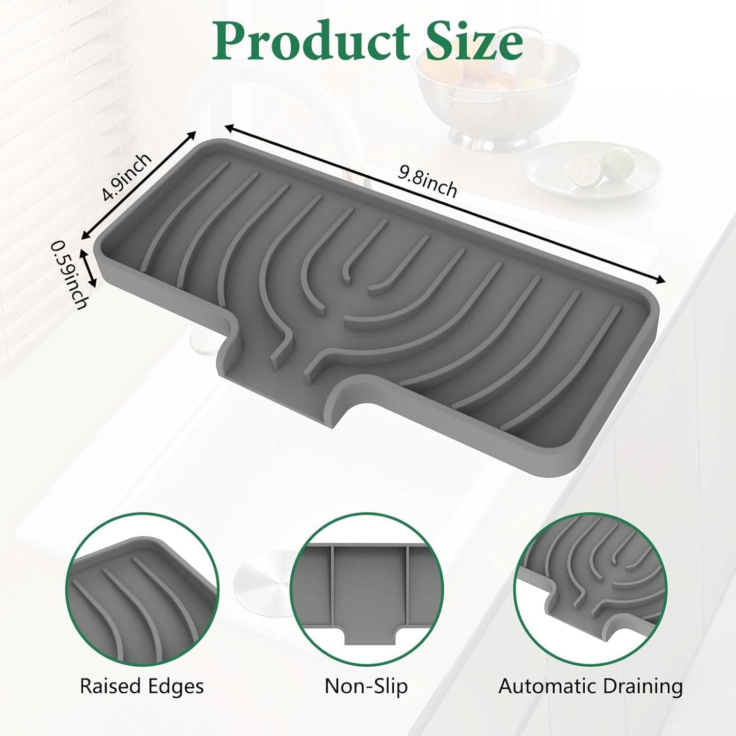 GUUKIN Silicone Sponge Holder, 9.8"×4.9" Sponge Holder for Kitchen Sink, Soap Tray with Drain, Dish Soap Mat for Shower Bathroom（Grey）