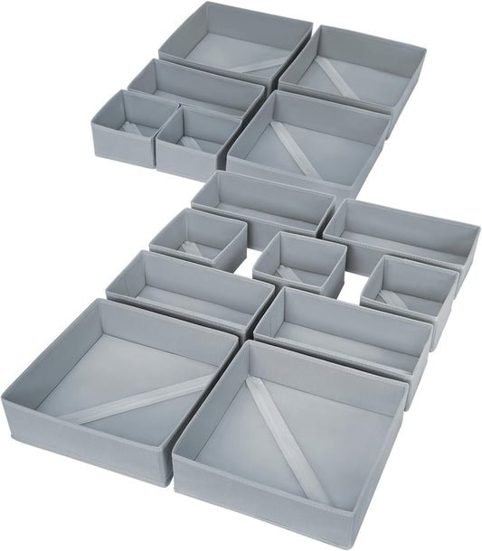 DIMJ Drawer Organizer Clothes, 15 Pack Underwear Organizer, Foldable Closet Bins, Sock Organizer Bra Cube, Fabric Dresser Box for Clothes, Bra, Socks, Tie (Grey)