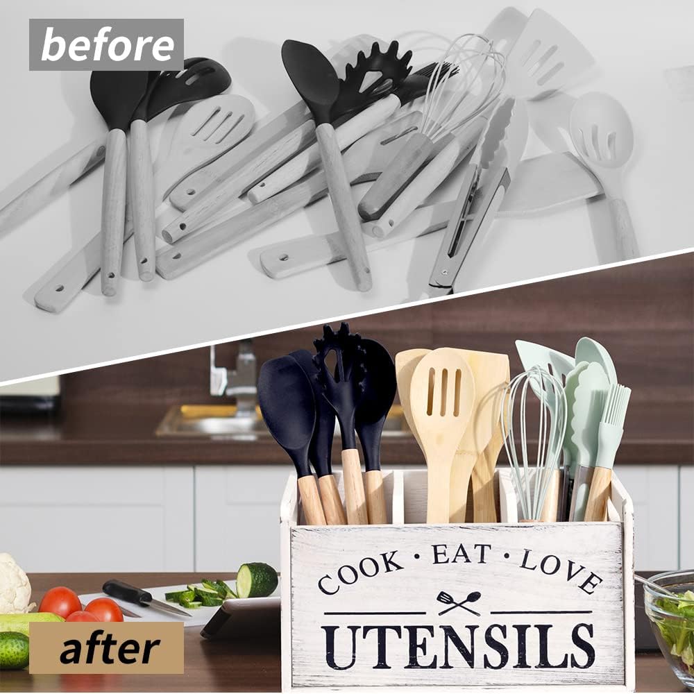 Farmhouse Cooking Utensils Organizer - Solid Wood Countertop Utensil Holder, 3 Compartment Spoon Holder for Kitchen Decor (White)