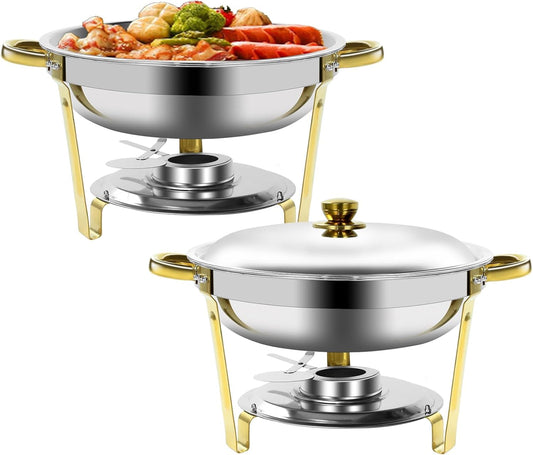 Gold & Silver Chafing Dishes for Buffet with Lid 5QT, 2 Pack - Food-Grade Stainless Steel Chafers and Buffet Warmers Sets with Lid Holder, Rolled Edge Design, for Party, Banquet