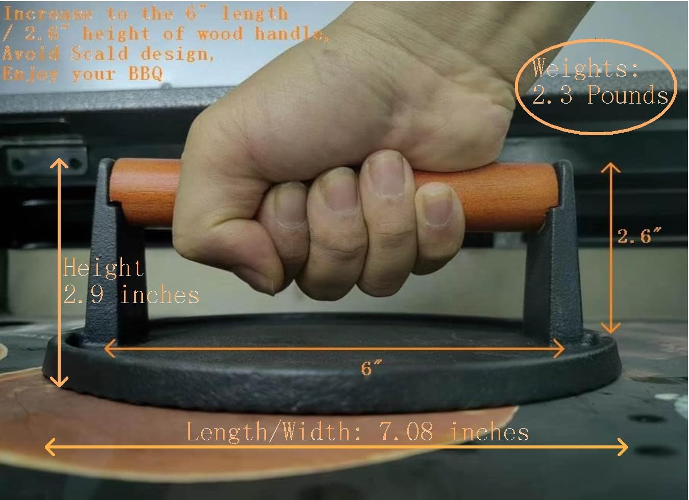 Burger Press 7.08" Round,Heavy-Duty Cast Iron Smash Burger Press Meat Steak With Wood Handle for Blackstone Camp chef Pitboss Weber Griddle Grills(Round)