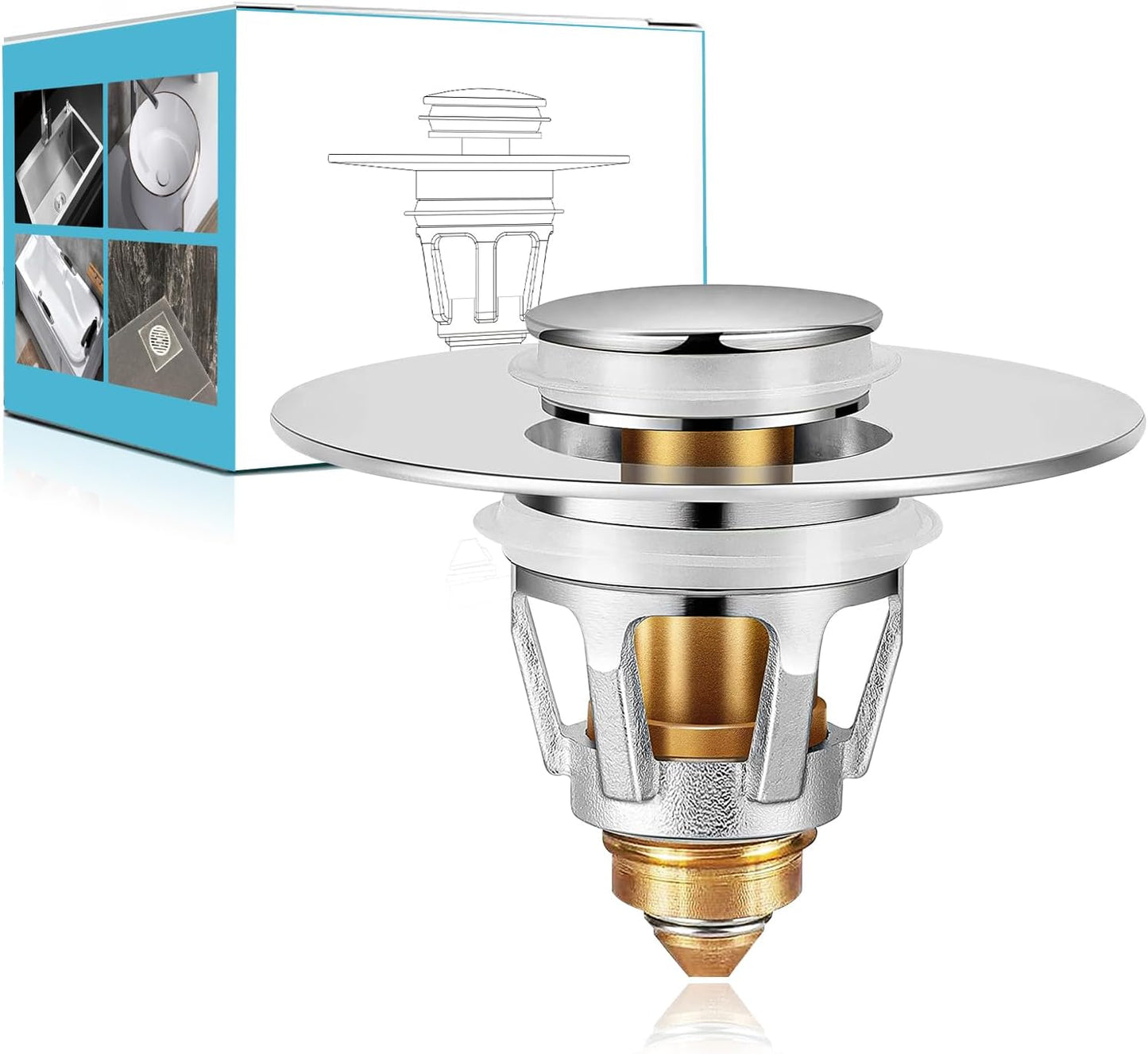 Universal Sink Stopper with Hair Catcher, Faster Drainage, Bathroom Sink Drain Strainer in Brass, Pop Up Drain Cover, Basin Plug for 1.04~1.97 Inch Drain Hole