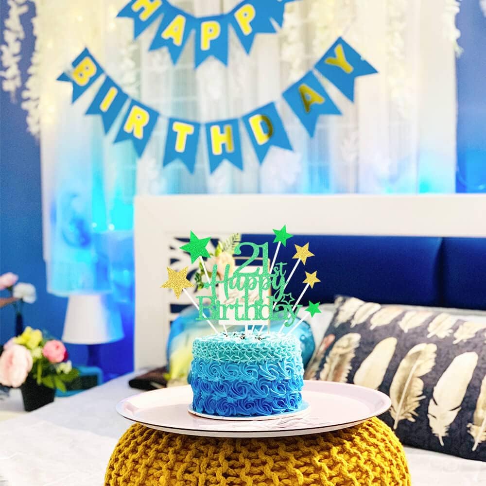 Glittery 21st Happy Birthday Cake Topper with Star,Personalised 21 Birthday Cake Toppers Party Decorations Party Supplies for Boys Girls Green Gold