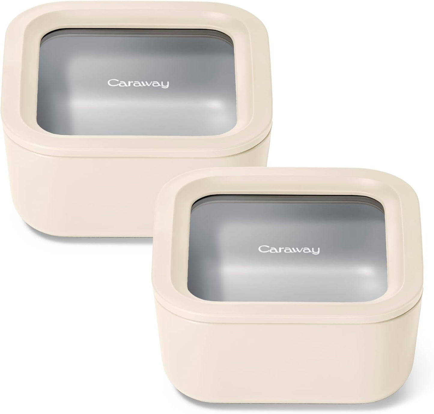 Caraway 2pc Glass Food Storage Set - 4.4 Cup Food Containers (2) - Ceramic Coated - Non Toxic, Non Stick Lunch with Lids - Dishwasher, Oven, & Microwave Safe - Cream