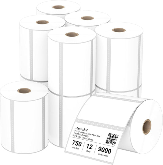 Compatible 4" x 2" Direct Thermal Labels Replacement for Barcodes Postage Address Shipping Compatible with Rollo & Zebra Desktop Printers Adhesive & Perforated (12 Rolls, 750 Labels/Roll)
