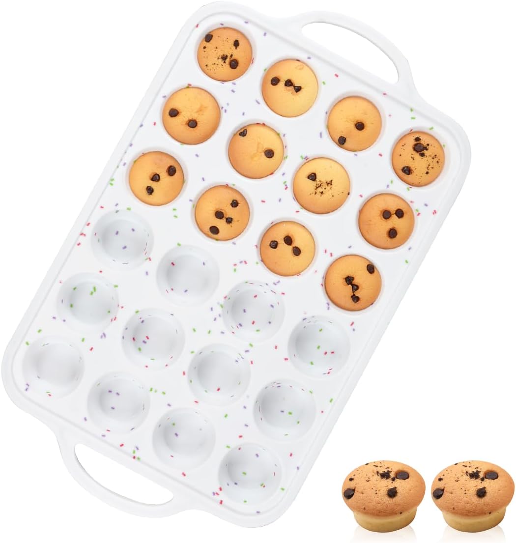 Silicone Mini Muffin Pan, Metal Reinforced Frame 24 Cups Cupcake Pan with Handle Nonstick for Baking Muffins, Cupcakes, Egg Bites