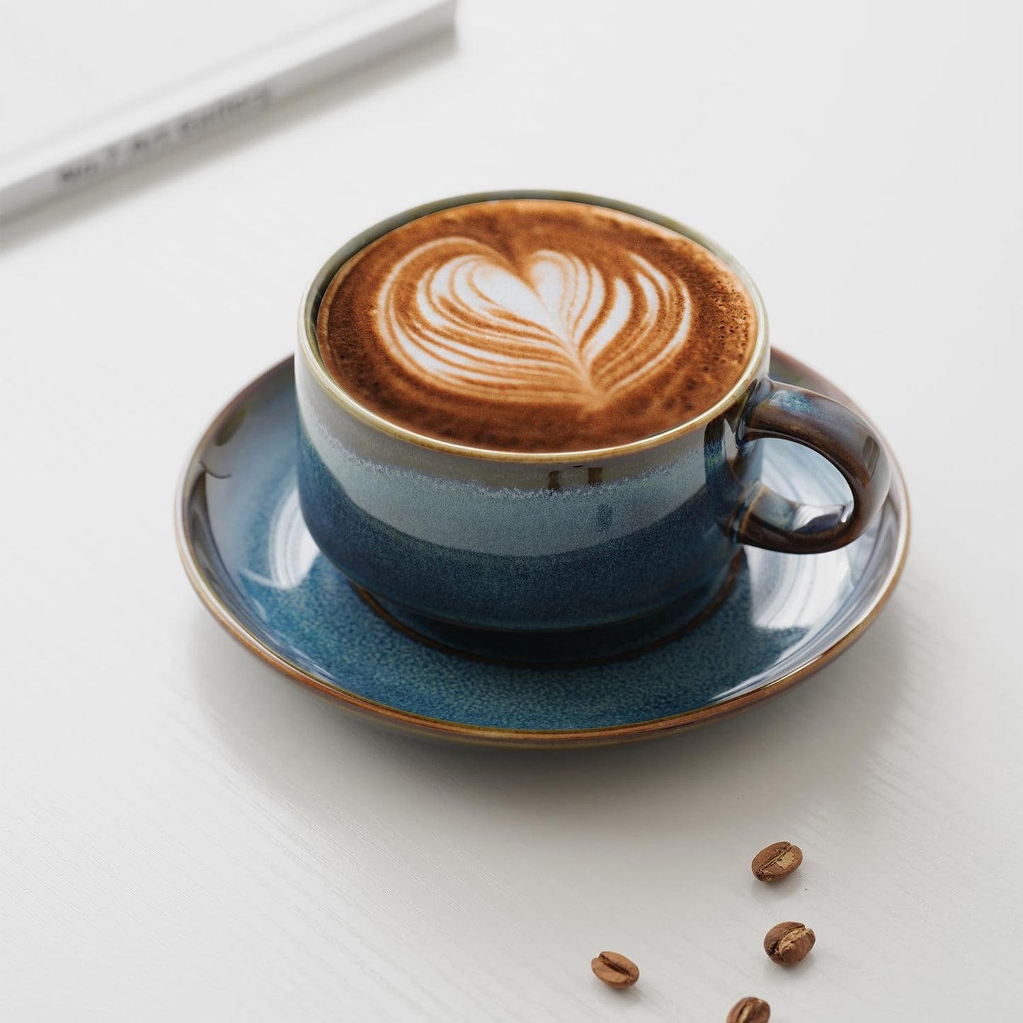 Ceramics 10oz Cappuccino Cups with Sacuer, Set of 2, Coffee Cup for Au Lait, Latte, Tea, Mocha-Set of 2, Dishwasher and Microwave, Reactive Blue